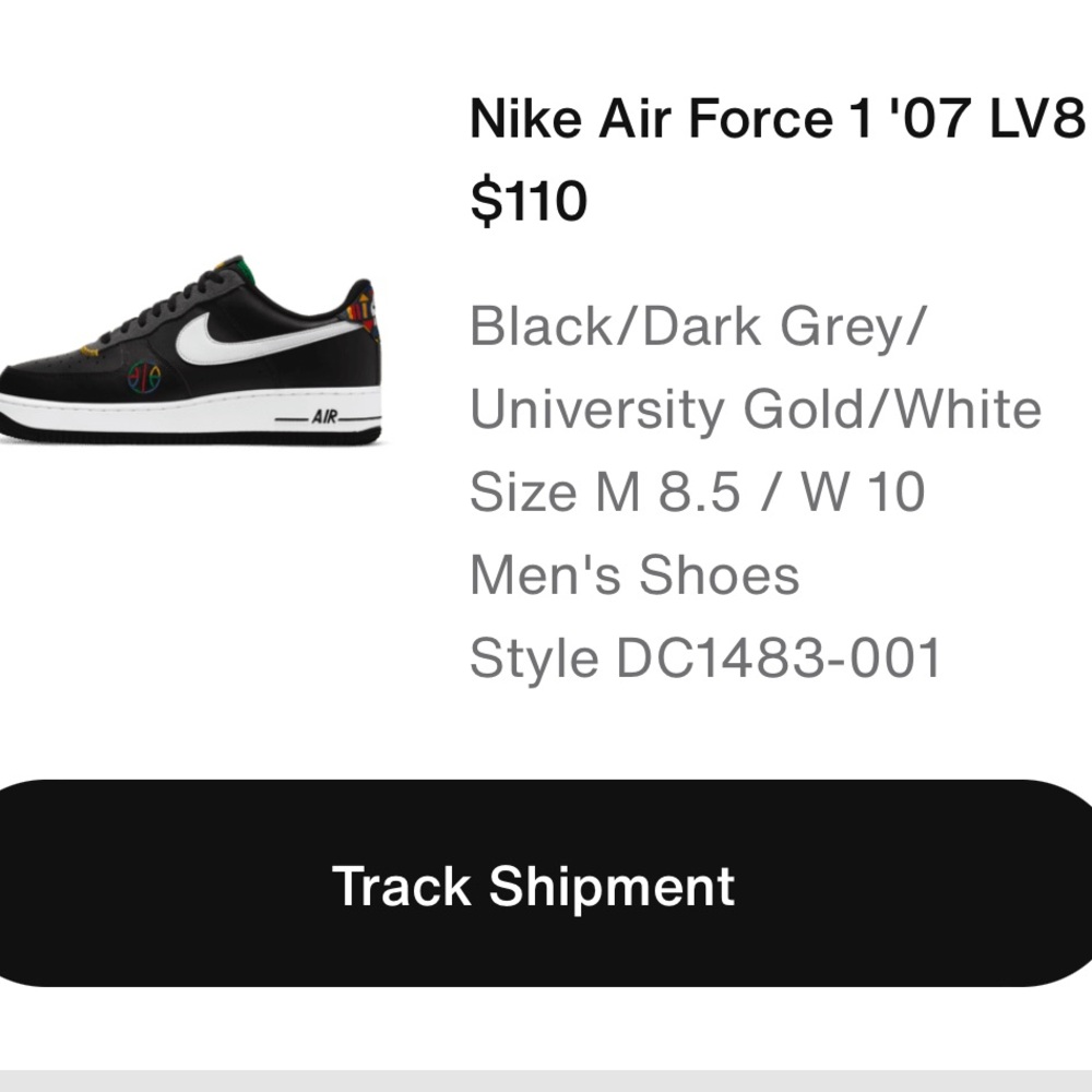 Nike Air Force 1 '07 LV8
$110
Black/Dark Grey/ University Gold/White
Size M 8.5